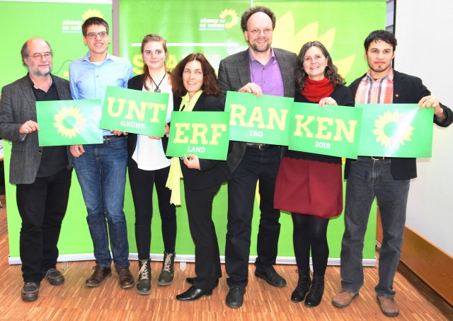 Im Bild von links: Landesvorsitzender Eike Hallitzky und die Kandidat*innen Gregor Münch, Maria Gößmann, Kerstin Celina, Patrick Friedl, Birgid Röder und Yatin Shah